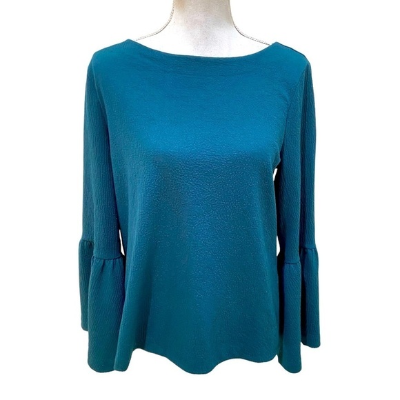 Ann Taylor teal crew neck textured bell sleeve stretchy top size large petite - Picture 1 of 8